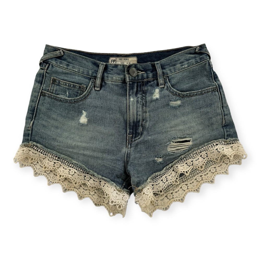 Free People Shorts Womens 24 Jeans Blue Denim Mid Rise Distressed Crochet‎ Boho